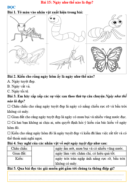Bài tập hàng ngày Tiếng Việt lớp 3 Bài 15: Ngày như thế nào là đẹp? | Kết nối tri thức