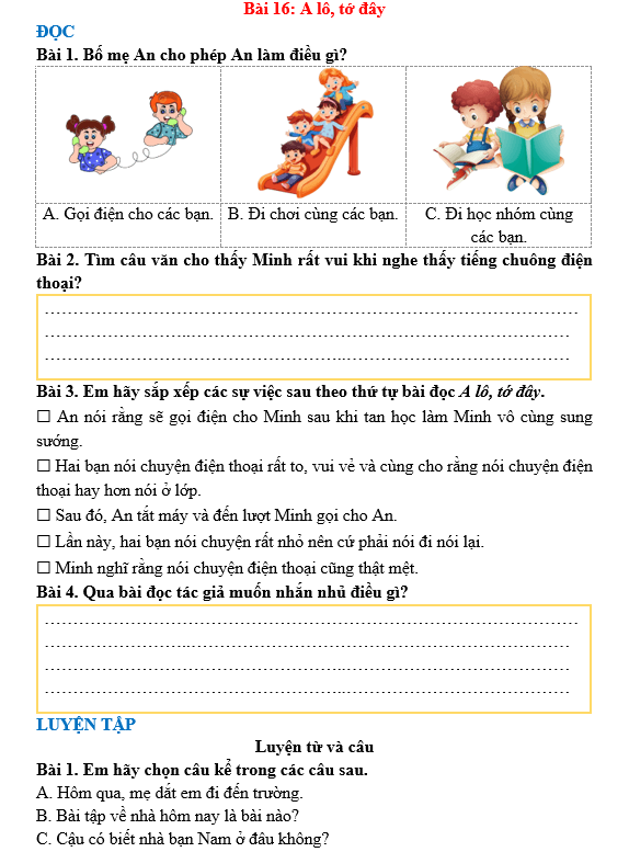 Bài tập hàng ngày Tiếng Việt lớp 3 Bài 16: A lô, tớ đây | Kết nối tri thức