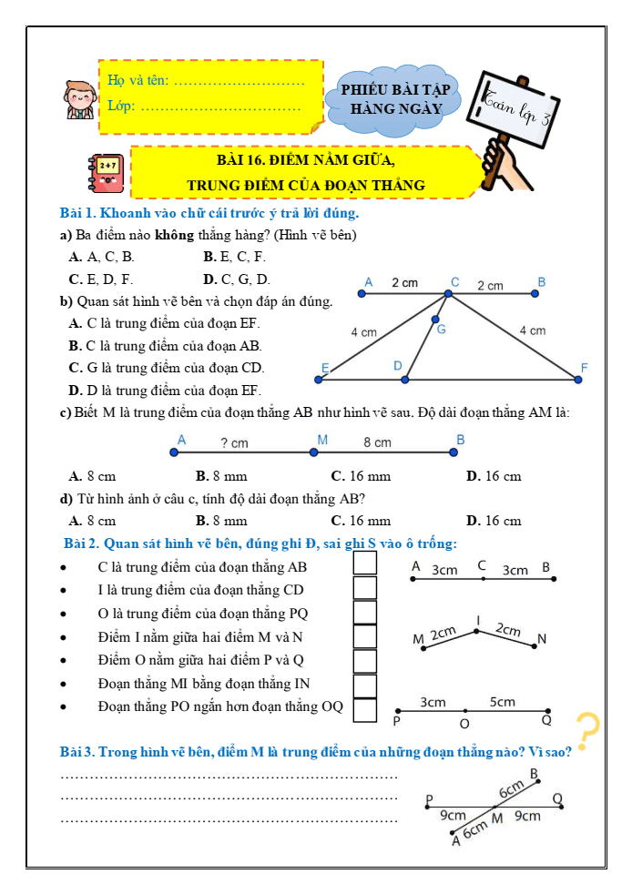 Bài tập hàng ngày Toán lớp 3 Bài 16: Điểm ở giữa, trung điểm của đoạn thẳng | Kết nối tri thức