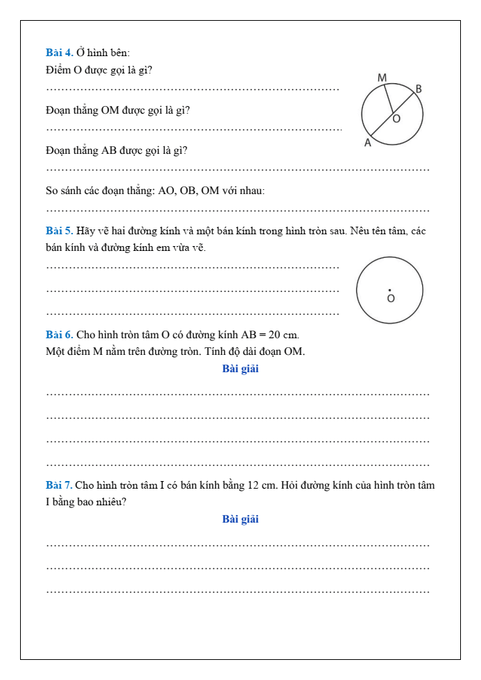 Bài tập hàng ngày Toán lớp 3 Bài 17: Hình tròn. Tâm, bán kính, đường kính của hình tròn | Kết nối tri thức