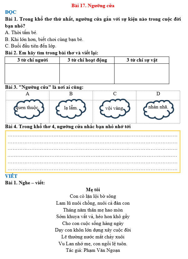 Bài tập hàng ngày Tiếng Việt lớp 3 Bài 17: Ngưỡng cửa | Kết nối tri thức