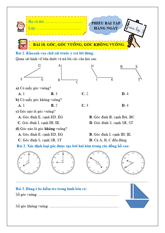 Bài tập hàng ngày Toán lớp 3 Bài 18: Góc, góc vuông, góc không vuông | Kết nối tri thức