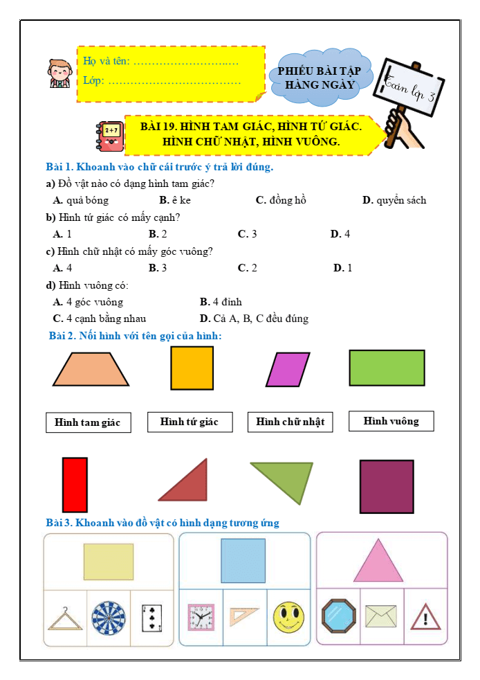 Bài tập hàng ngày Toán lớp 3 Bài 19: Hình tam giác, hình tứ giác. Hình chữ nhật, hình vuông | Kết nối tri thức