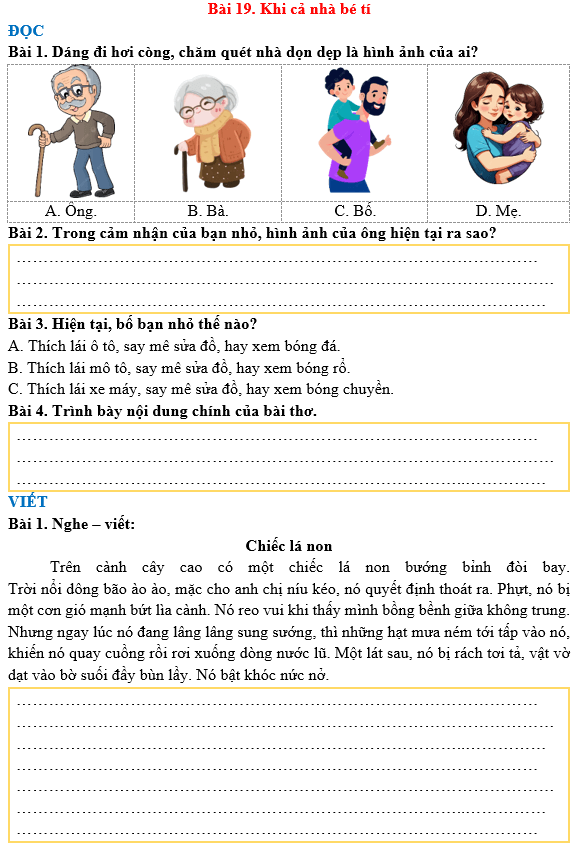 Bài tập hàng ngày Tiếng Việt lớp 3 Bài 19: Khi cả nhà bé tí | Kết nối tri thức