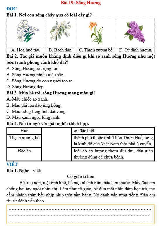 Bài tập hàng ngày Tiếng Việt lớp 3 Bài 19: Sông Hương | Kết nối tri thức