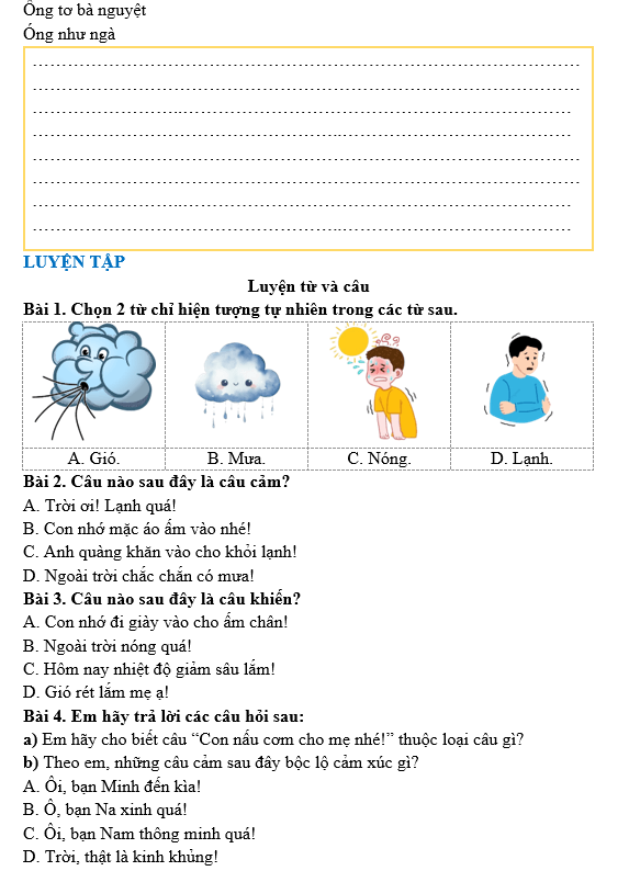Bài tập hàng ngày Tiếng Việt lớp 3 Bài 2: Mưa | Kết nối tri thức