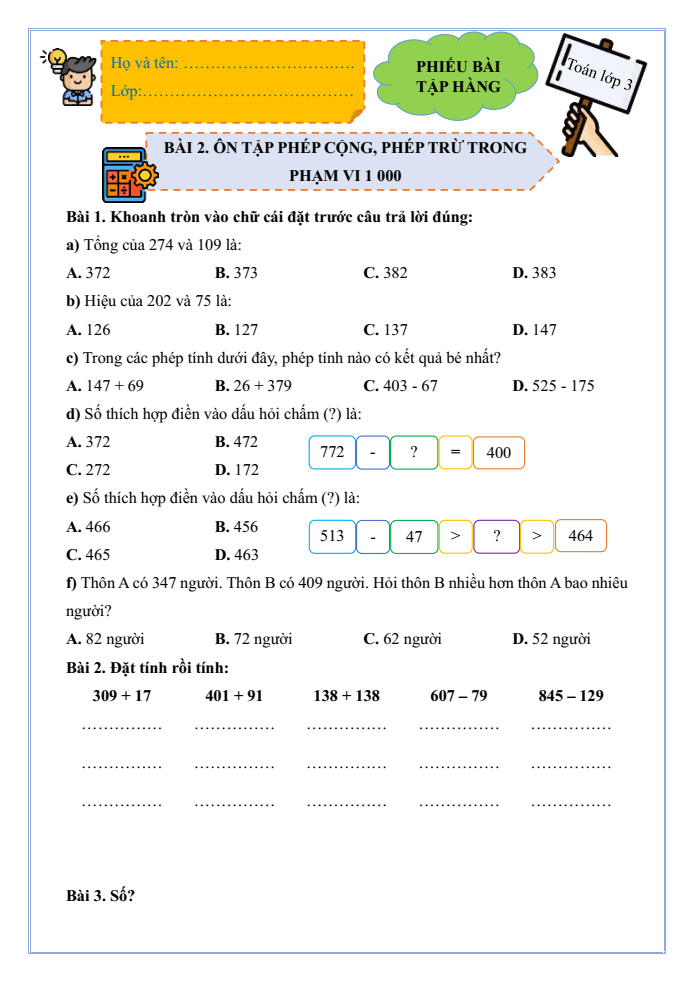 Bài tập hàng ngày Toán lớp 3 Bài 2: Ôn tập phép cộng, phép trừ trong phạm vi 1000 | Kết nối tri thức