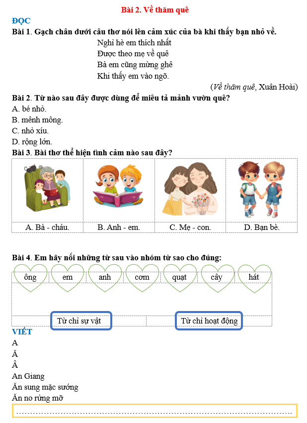 Bài tập hàng ngày Tiếng Việt lớp 3 Bài 2: Về thăm quê | Kết nối tri thức