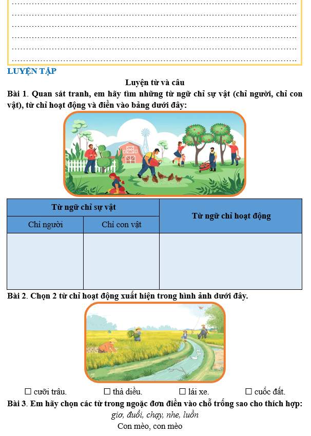 Bài tập hàng ngày Tiếng Việt lớp 3 Bài 2: Về thăm quê | Kết nối tri thức