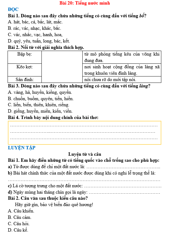 Bài tập hàng ngày Tiếng Việt lớp 3 Bài 20: Tiếng nước mình | Kết nối tri thức