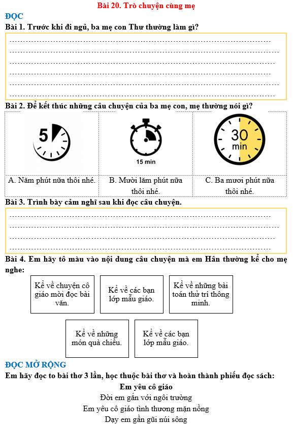 Bài tập hàng ngày Tiếng Việt lớp 3 Bài 20: Trò chuyện cùng mẹ | Kết nối tri thức