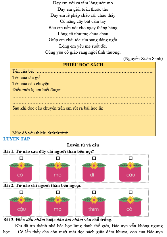 Bài tập hàng ngày Tiếng Việt lớp 3 Bài 20: Trò chuyện cùng mẹ | Kết nối tri thức