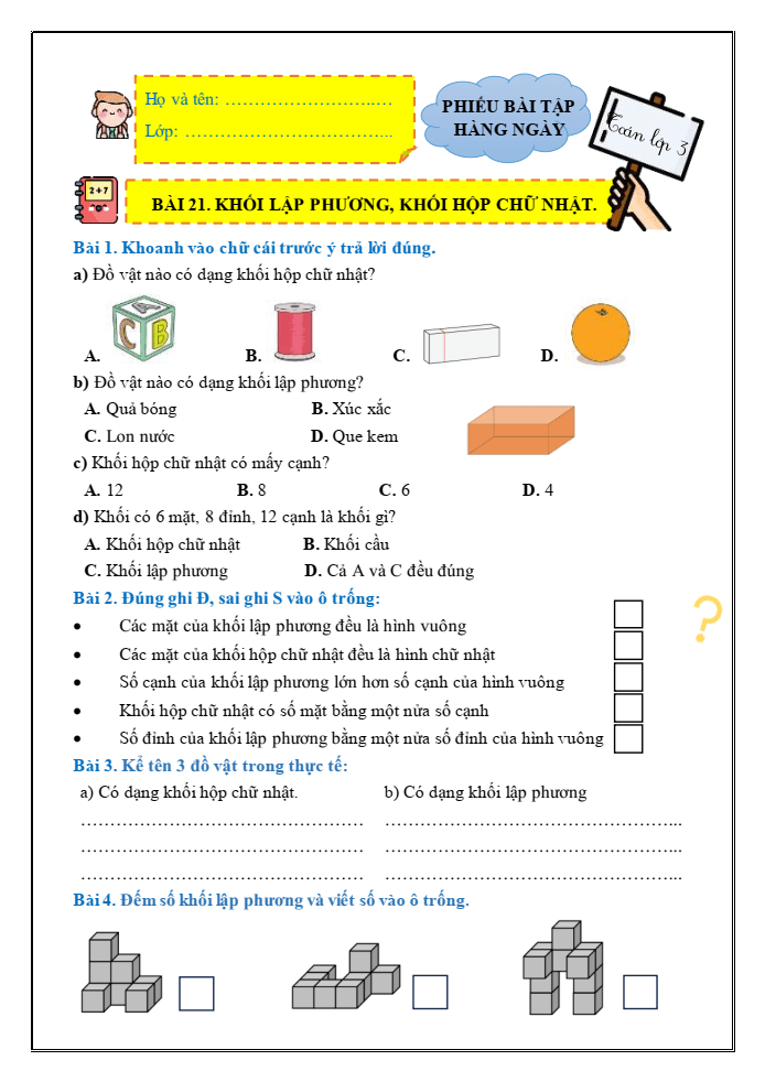 Bài tập hàng ngày Toán lớp 3 Bài 21: Khối lập phương, khối hộp chữ nhật | Kết nối tri thức