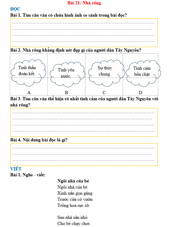 Bài tập hàng ngày Tiếng Việt lớp 3 Bài 21: Nhà rông | Kết nối tri thức