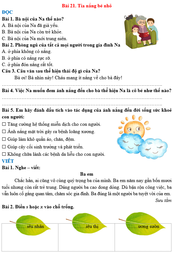 Bài tập hàng ngày Tiếng Việt lớp 3 Bài 21: Tia nắng bé nhỏ | Kết nối tri thức