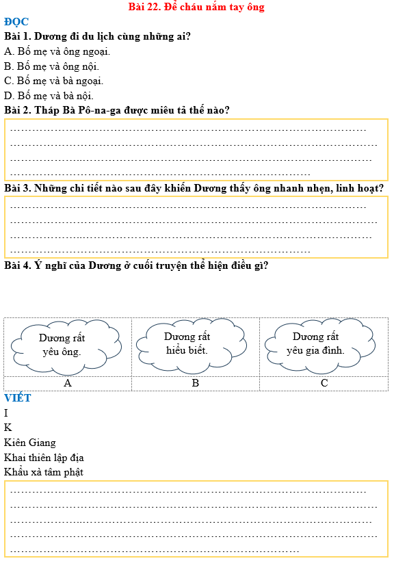 Bài tập hàng ngày Tiếng Việt lớp 3 Bài 22: Để cháu nắm tay ông | Kết nối tri thức