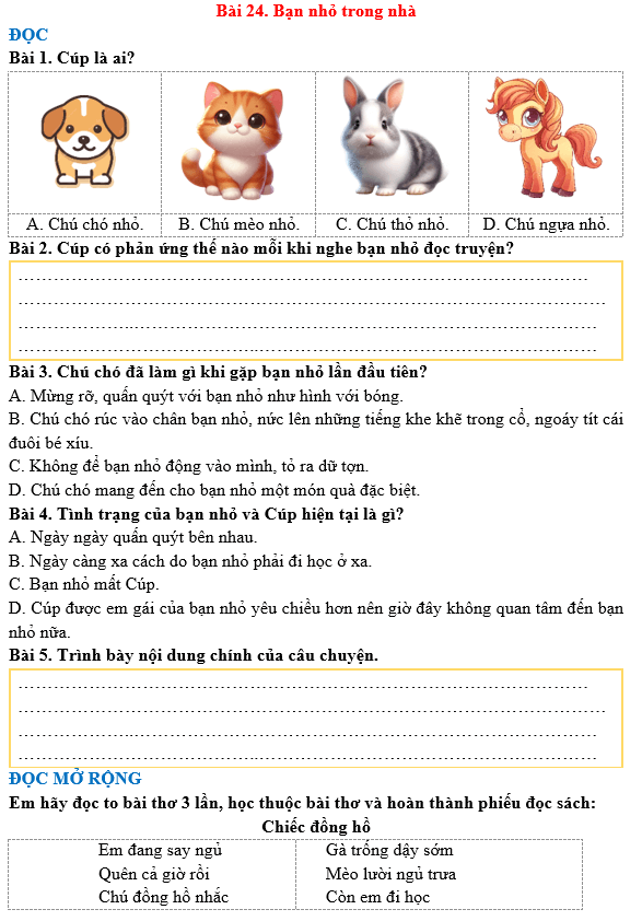 Bài tập hàng ngày Tiếng Việt lớp 3 Bài 24: Bạn nhỏ trong nhà | Kết nối tri thức