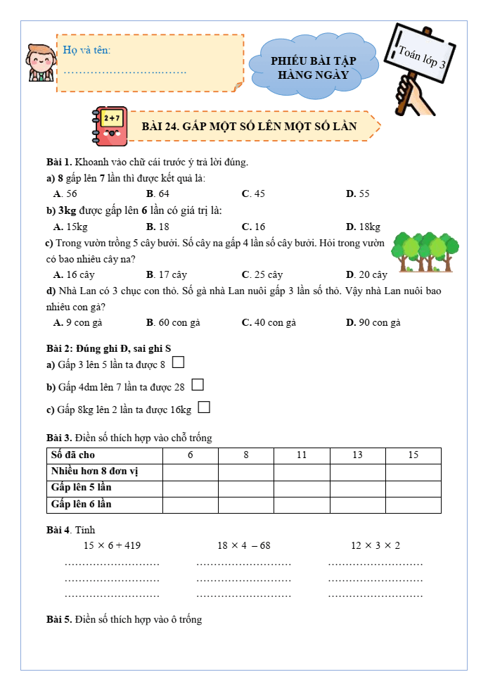 Bài tập hàng ngày Toán lớp 3 Bài 24: Gấp một số lên một số lần | Kết nối tri thức