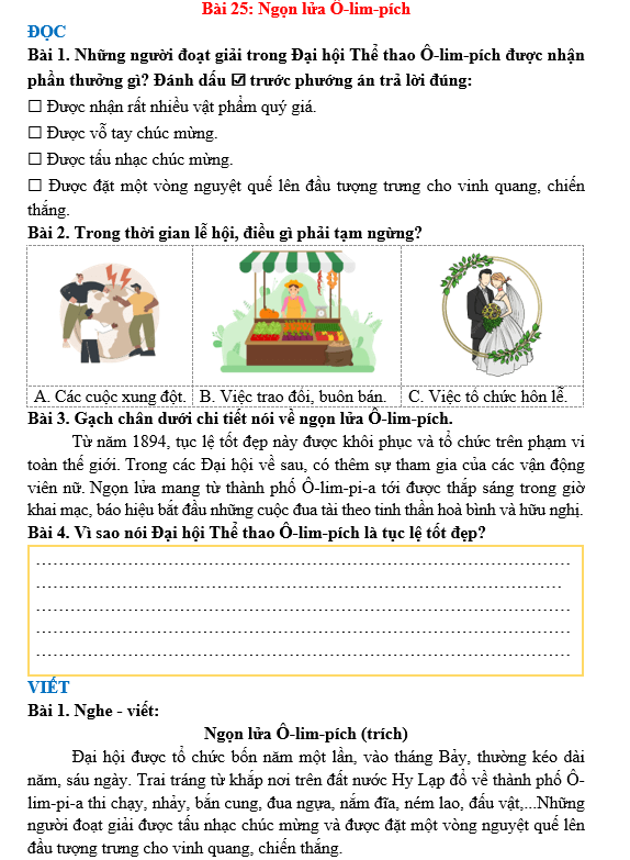 Bài tập hàng ngày Tiếng Việt lớp 3 Bài 25: Ngọn lửa Ô-lim-pích | Kết nối tri thức