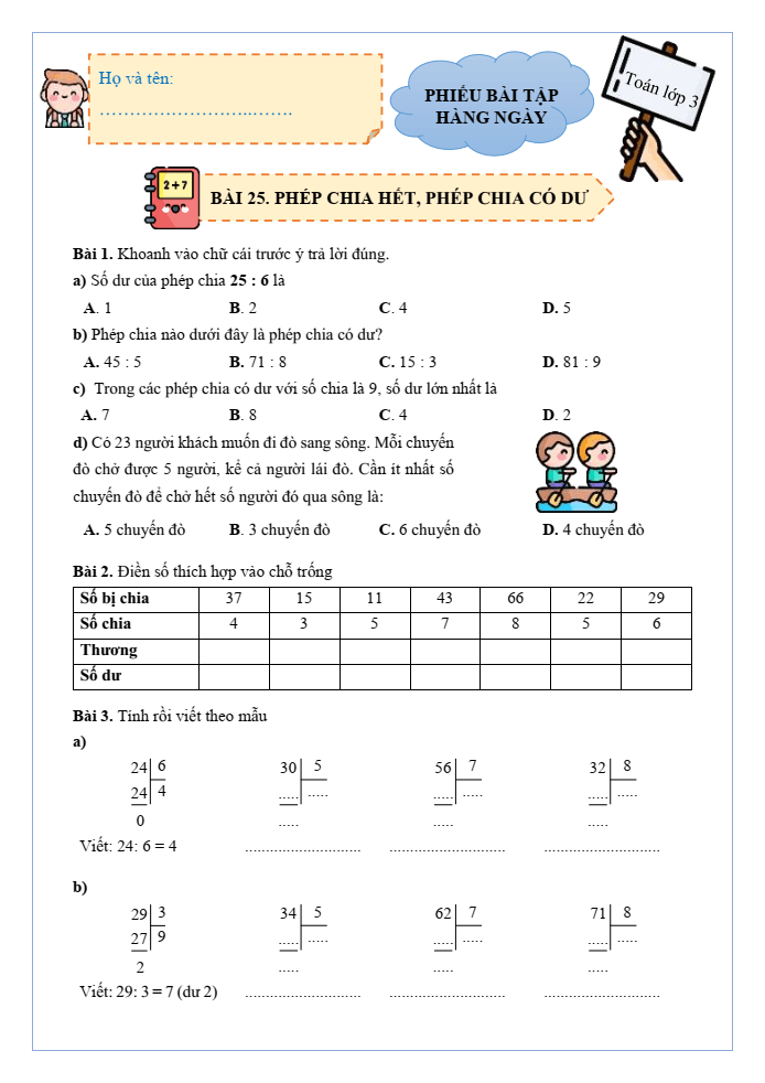 Bài tập hàng ngày Toán lớp 3 Bài 25: Phép chia hết, phép chia có dư | Kết nối tri thức
