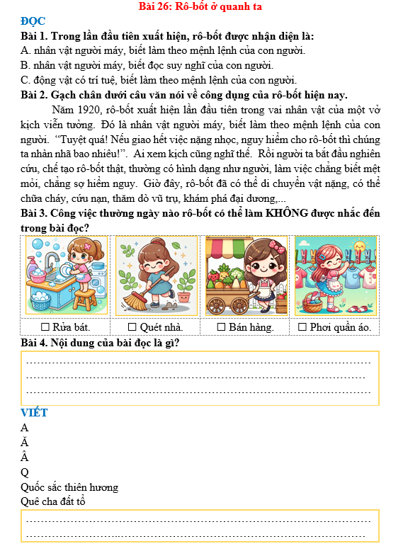 Bài tập hàng ngày Tiếng Việt lớp 3 Bài 26: Rô-bốt ở quanh ta | Kết nối tri thức