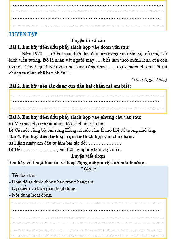 Bài tập hàng ngày Tiếng Việt lớp 3 Bài 26: Rô-bốt ở quanh ta | Kết nối tri thức