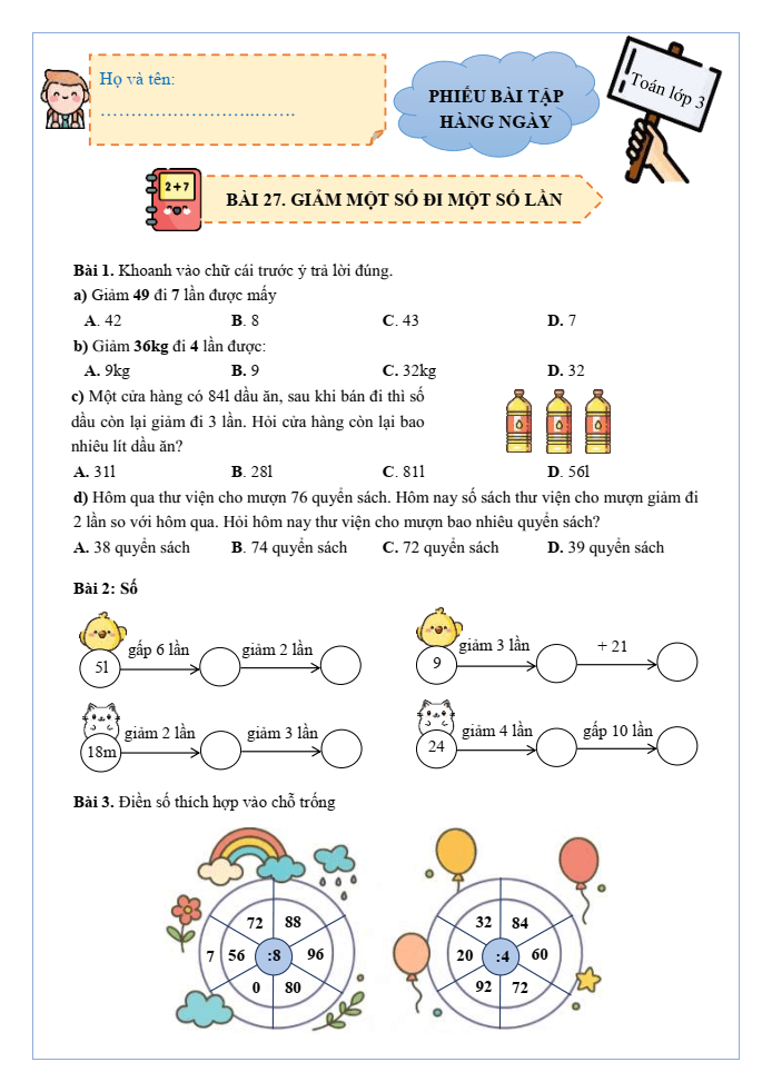 Bài tập hàng ngày Toán lớp 3 Bài 27: Giảm một số đi một số lần | Kết nối tri thức