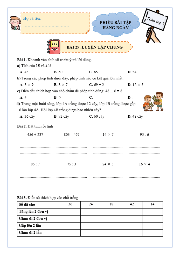 Bài tập hàng ngày Toán lớp 3 Bài 29: Luyện tập chung | Kết nối tri thức