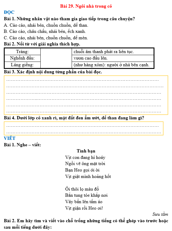 Bài tập hàng ngày Tiếng Việt lớp 3 Bài 29: Ngôi nhà trong cỏ | Kết nối tri thức