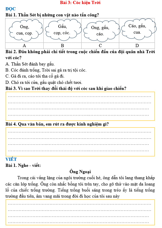 Bài tập hàng ngày Tiếng Việt lớp 3 Bài 3: Cóc kiện Trời | Kết nối tri thức