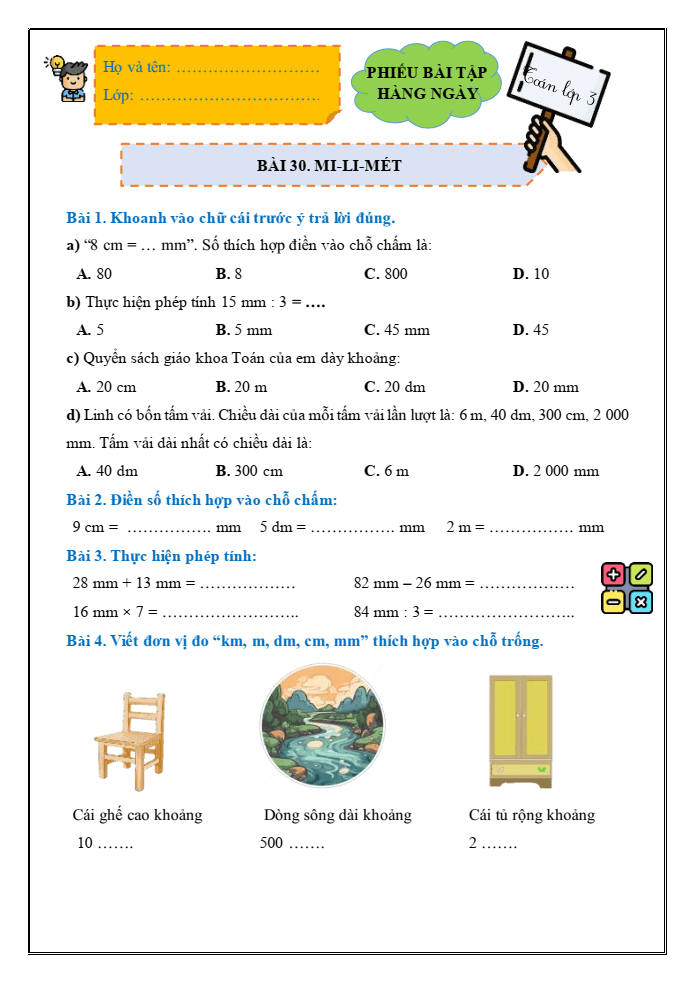 Bài tập hàng ngày Toán lớp 3 Bài 30: Mi - li - mét | Kết nối tri thức