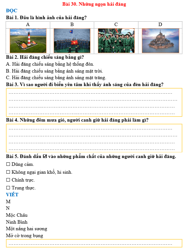 Bài tập hàng ngày Tiếng Việt lớp 3 Bài 30: Những ngọn hải đăng | Kết nối tri thức