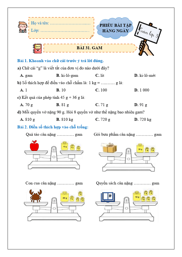Bài tập hàng ngày Toán lớp 3 Bài 31: Gam | Kết nối tri thức