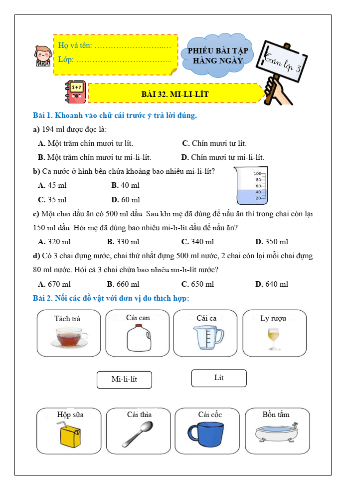 Bài tập hàng ngày Toán lớp 3 Bài 32: Mi - li - lít | Kết nối tri thức