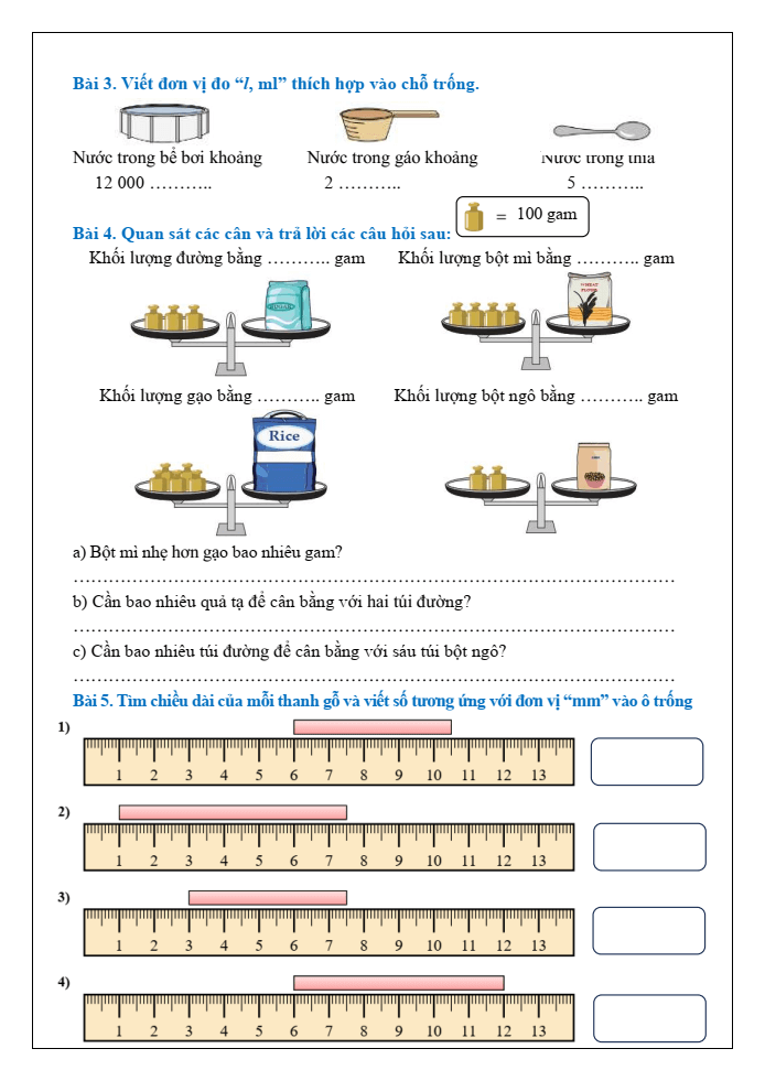 Bài tập hàng ngày Toán lớp 3 Bài 34: Thực hành và trải nghiệm với các đơn vị mi - li - mét, gam, mi - li - lít, độ C | Kết nối tri thức