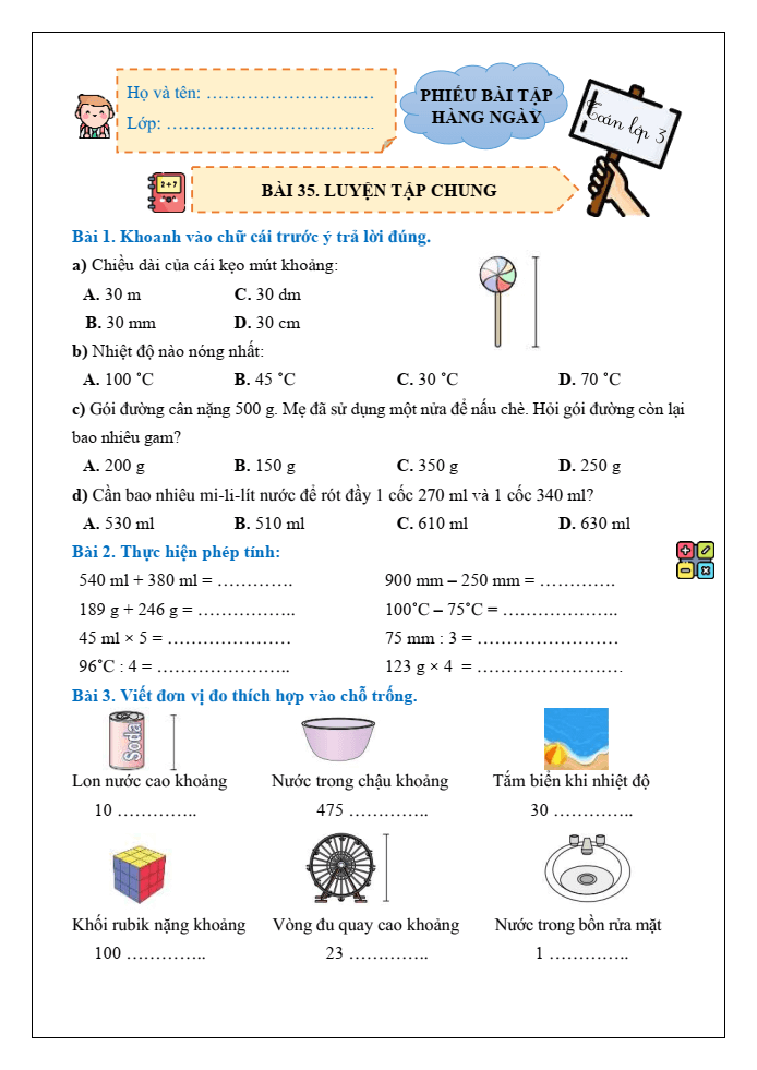 Bài tập hàng ngày Toán lớp 3 Bài 35: Luyện tập chung | Kết nối tri thức