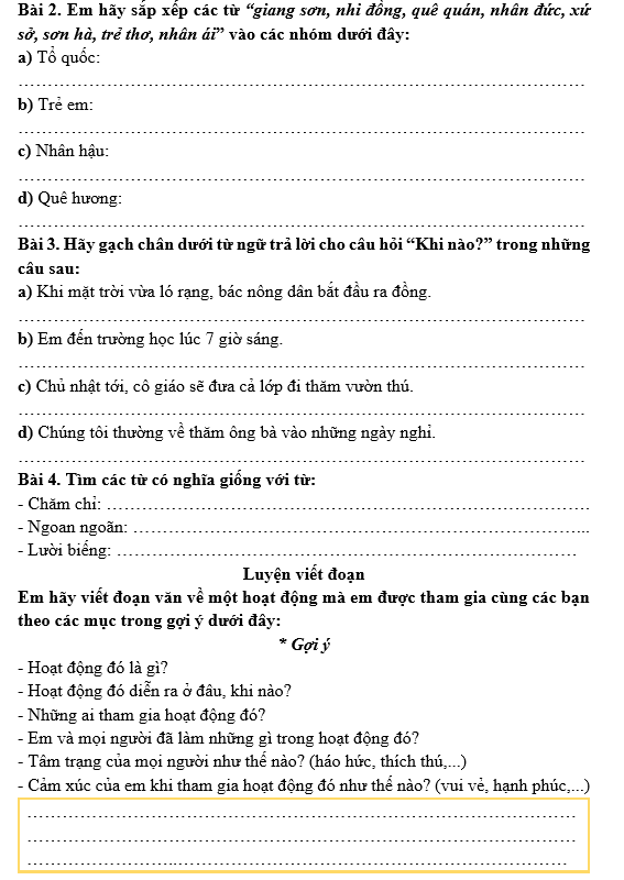 Bài tập hàng ngày Tiếng Việt lớp 3 Bài 4: Những cái tên đáng yêu | Kết nối tri thức