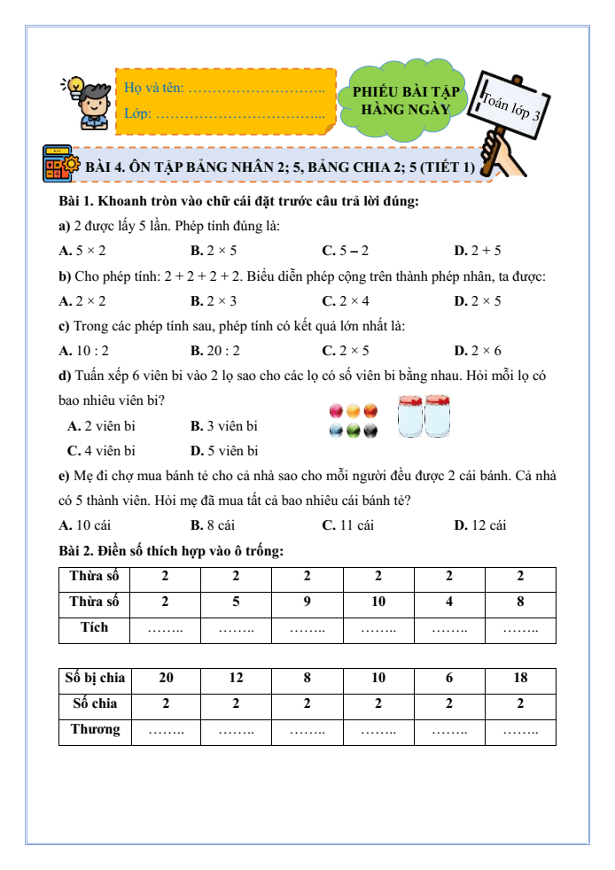 Bài tập hàng ngày Toán lớp 3 Bài 4: Ôn tập bảng nhân 2; 5, bảng chia 2; 5 | Kết nối tri thức