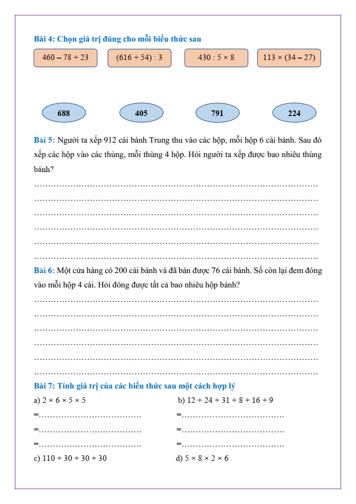Bài tập hàng ngày Toán lớp 3 Bài 42: Ôn tập biểu thức số | Kết nối tri thức