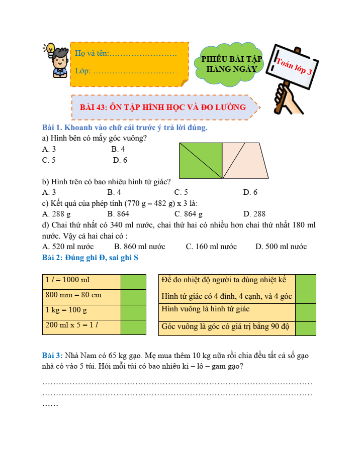 Bài tập hàng ngày Toán lớp 3 Bài 43: Ôn tập hình học và đo lường | Kết nối tri thức