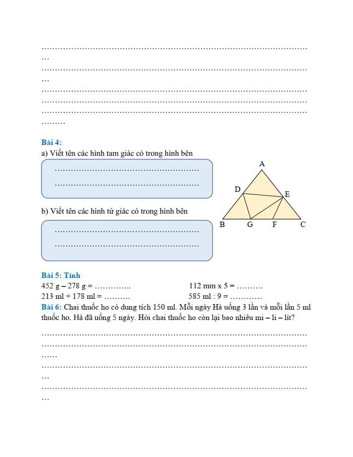 Bài tập hàng ngày Toán lớp 3 Bài 43: Ôn tập hình học và đo lường | Kết nối tri thức