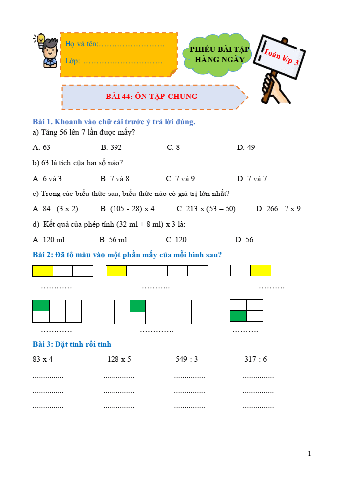 Bài tập hàng ngày Toán lớp 3 Bài 44: Ôn tập chung | Kết nối tri thức