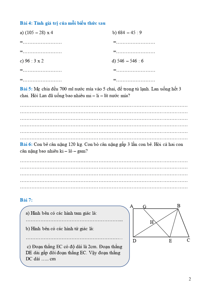 Bài tập hàng ngày Toán lớp 3 Bài 44: Ôn tập chung | Kết nối tri thức