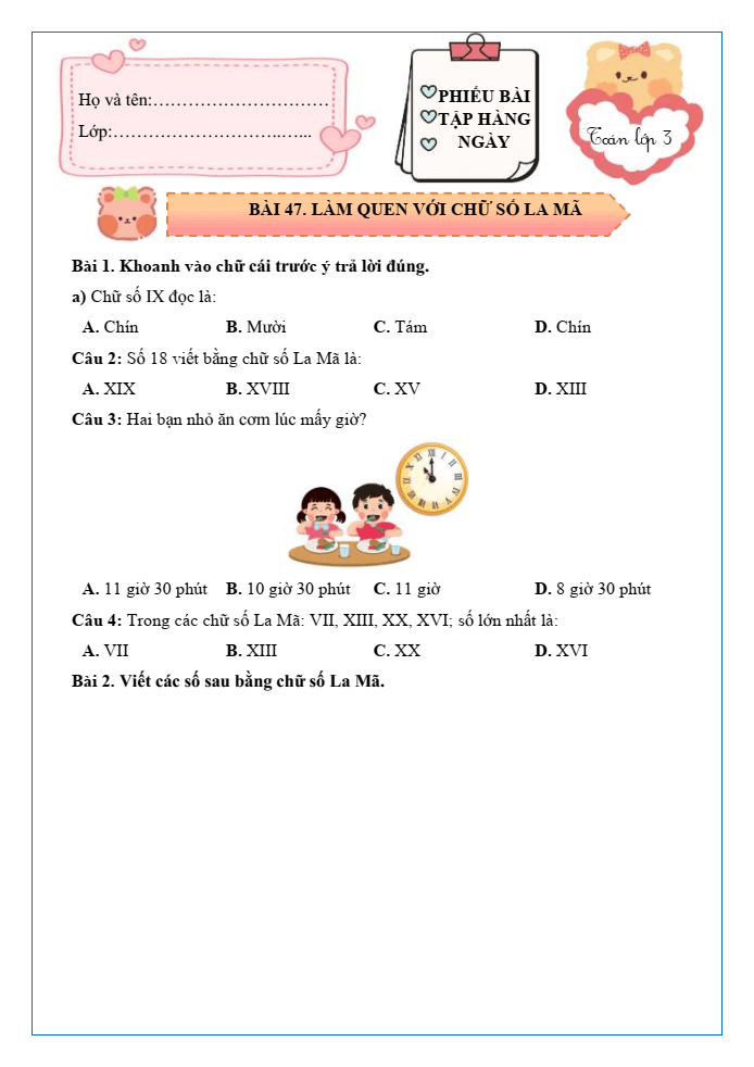 Bài tập hàng ngày Toán lớp 3 Bài 47: Làm quen với chữ số La Mã | Kết nối tri thức