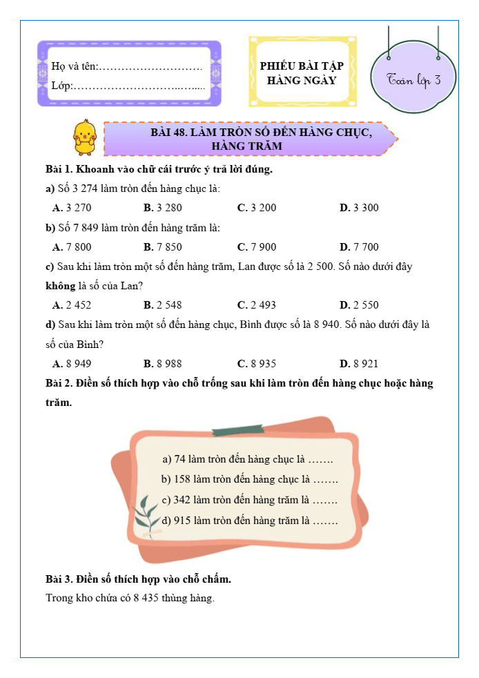 Bài tập hàng ngày Toán lớp 3 Bài 48: Làm tròn số đến hàng chục, hàng trăm | Kết nối tri thức