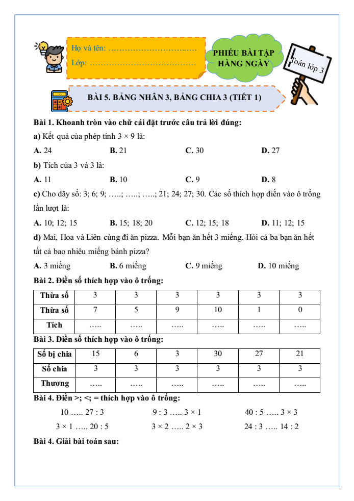 Bài tập hàng ngày Toán lớp 3 Bài 5: Bảng nhân 3, bảng chia 3 | Kết nối tri thức