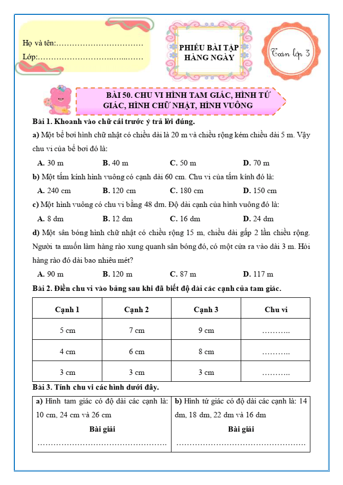 Bài tập hàng ngày Toán lớp 3 Bài 50: Chu vi hình tam giác, hình tứ giác, hình chữ nhật, hình vuông | Kết nối tri thức