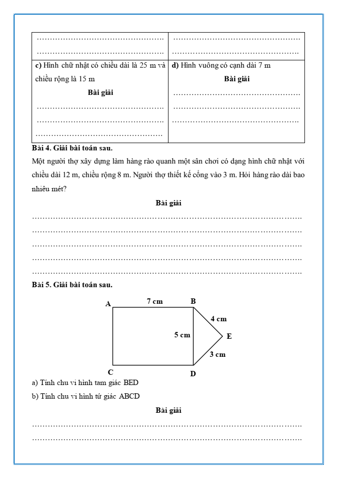Bài tập hàng ngày Toán lớp 3 Bài 50: Chu vi hình tam giác, hình tứ giác, hình chữ nhật, hình vuông | Kết nối tri thức