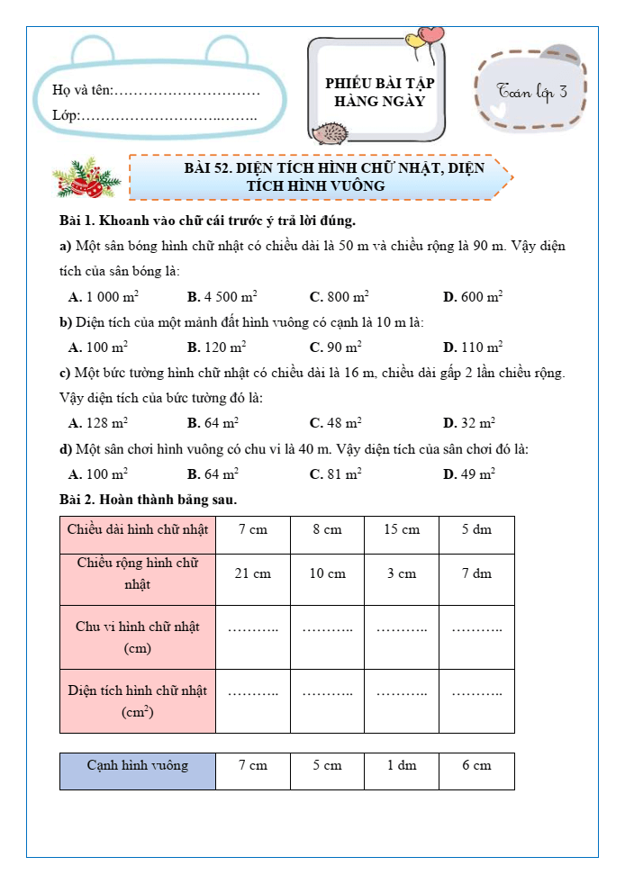Bài tập hàng ngày Toán lớp 3 Bài 52: Diện tích hình chữ nhật, diện tích hình vuông | Kết nối tri thức