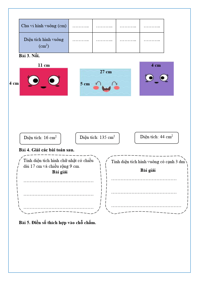 Bài tập hàng ngày Toán lớp 3 Bài 52: Diện tích hình chữ nhật, diện tích hình vuông | Kết nối tri thức